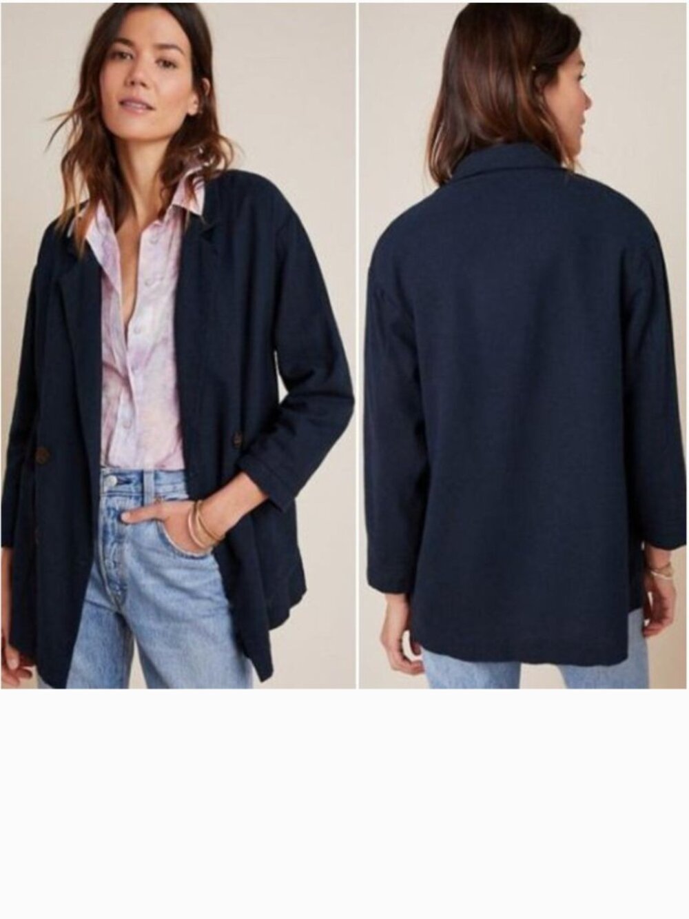 Amadi Anthropologie Kayne Blazer Navy Linen Blend Double Breasted M